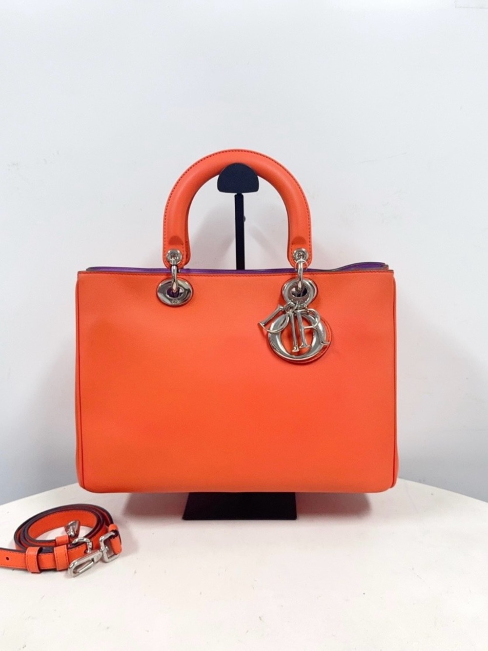 Dior Diorissimo Bright Orange Leather Tote with Silver Logo Charms